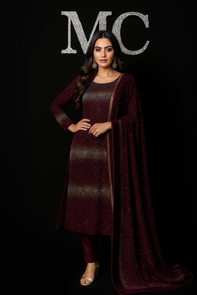 A woman posing in front of a black background, wearing a burgundy ethnic outfit with a shimmering design and matching shawl.