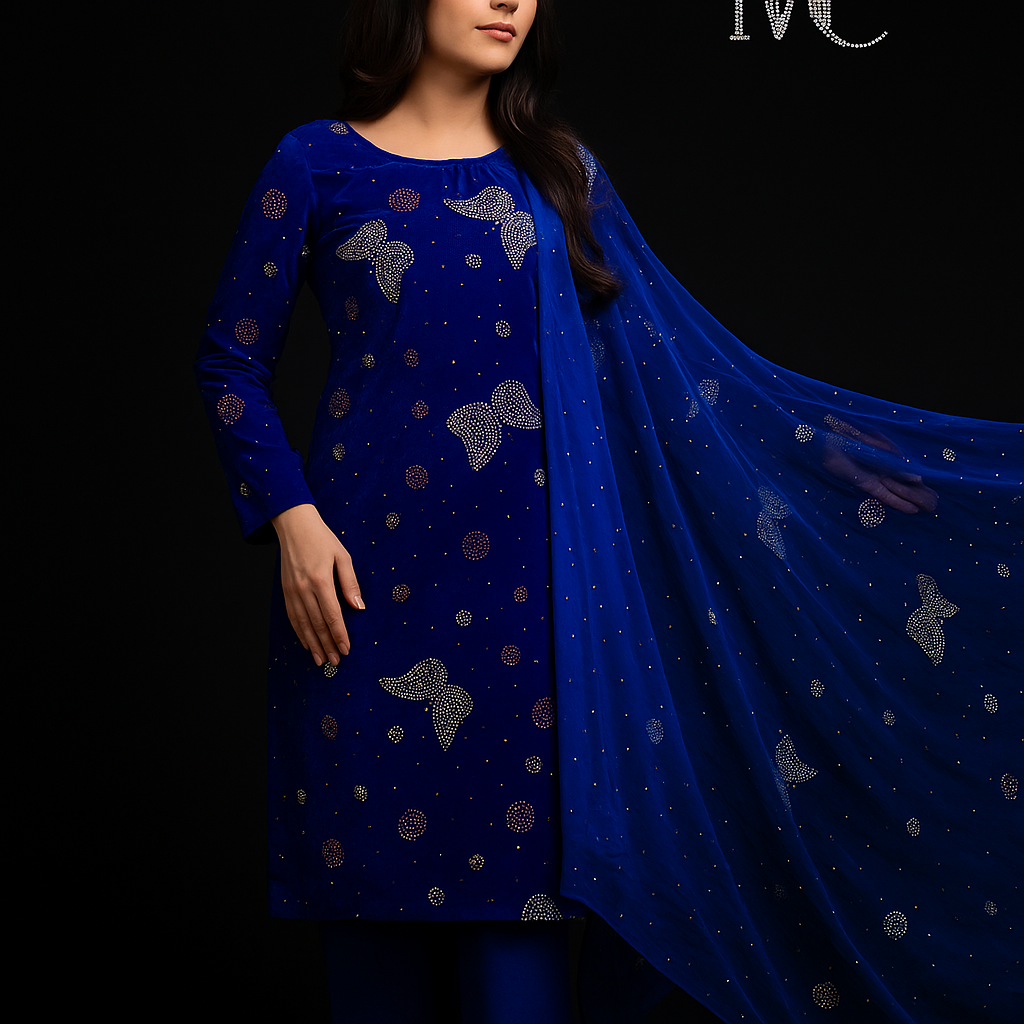 A woman wearing a blue traditional outfit with intricate designs, featuring a long skirt and a matching dupatta, set against a black background.
