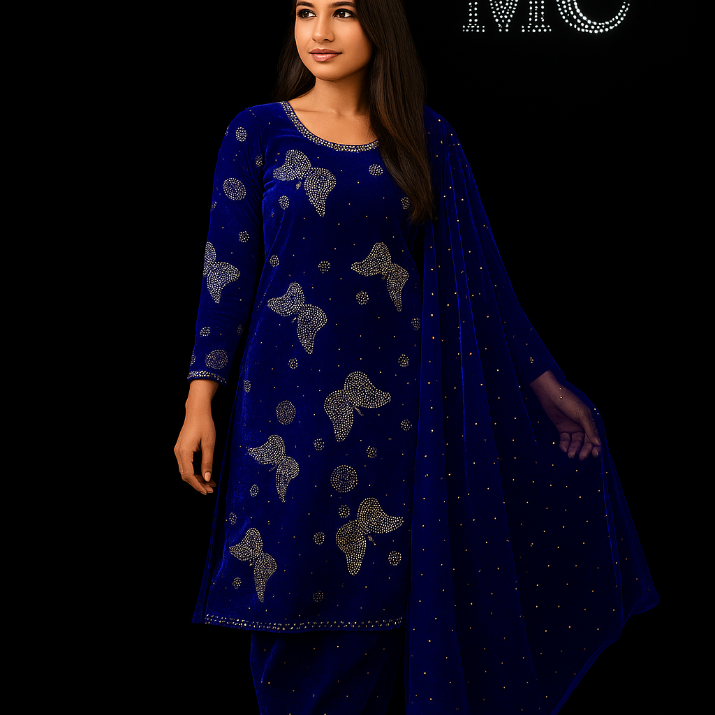 A woman wearing a blue ethnic outfit adorned with silver embellishments, posing against a dark background.