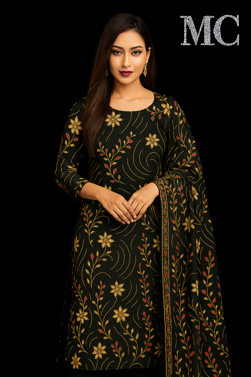 Luxury Royal Green Embroidered Velvet Fabric – Gold & Red Floral Design | Premium Fabric for Dresses, Gowns, Dupattas, Décor – 1 Yard