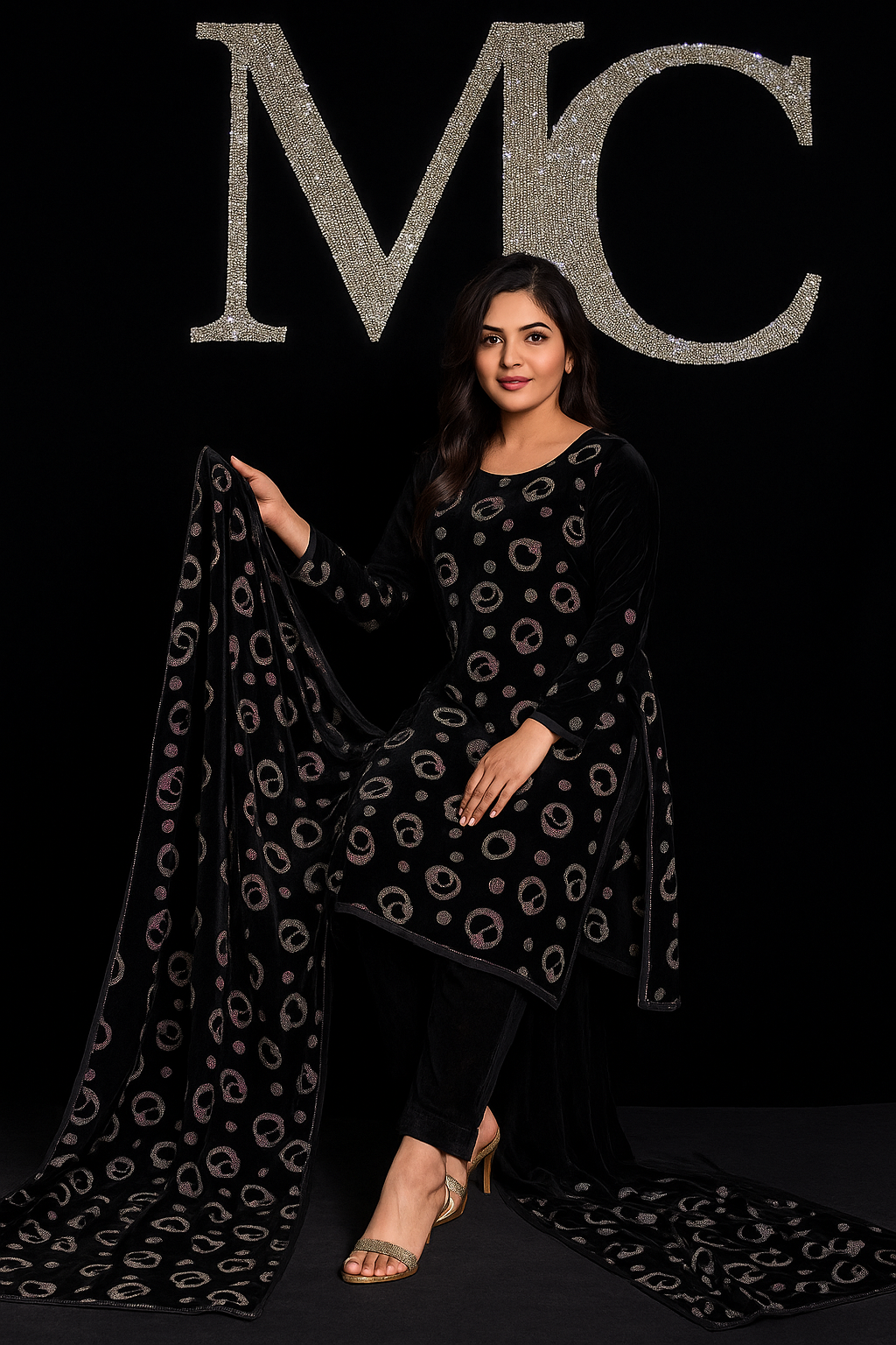 A woman wearing a stylish black outfit adorned with colorful circular patterns, seated gracefully while holding a matching shawl. The background features a large sparkling 'MC' design.