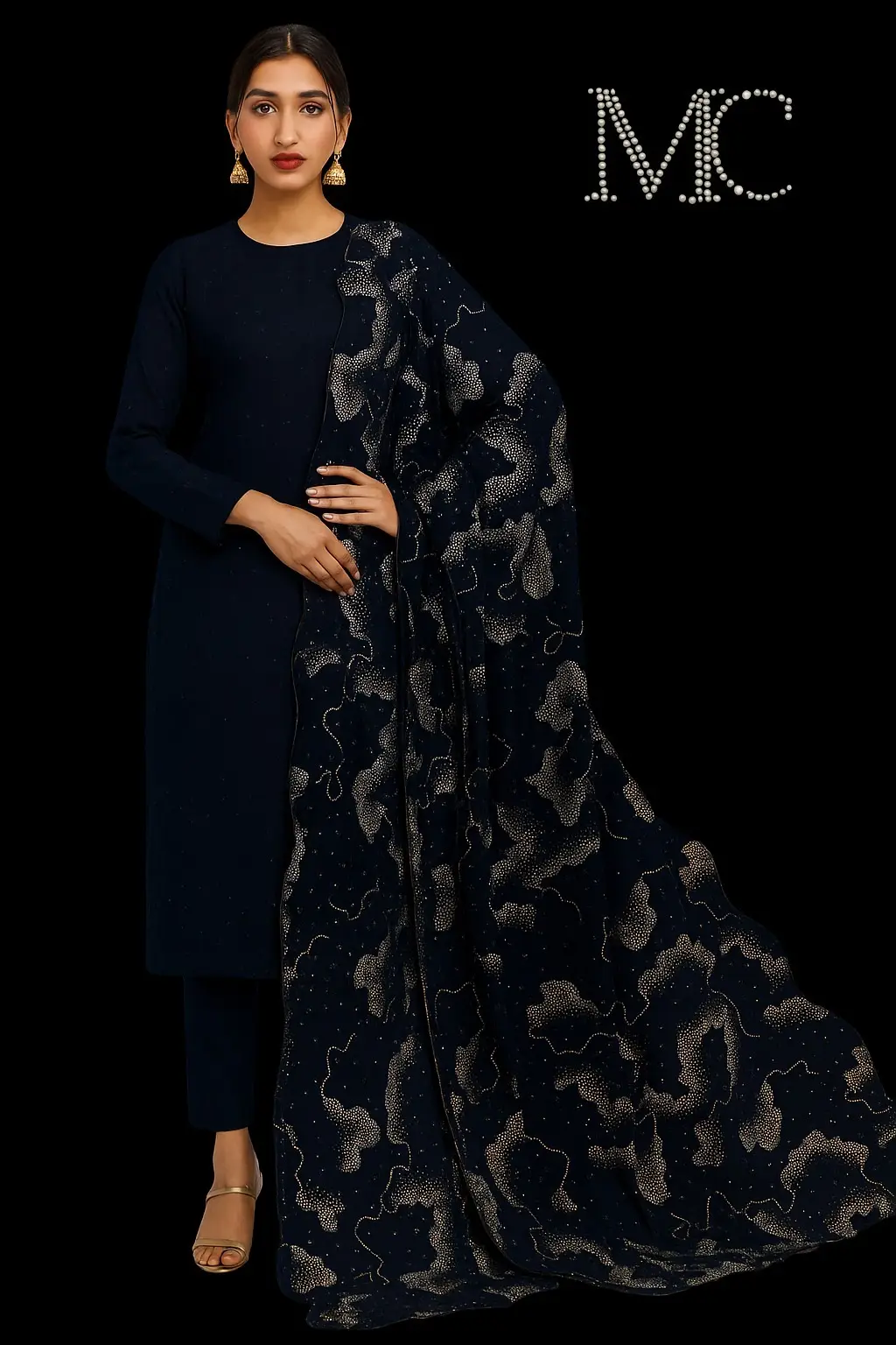 A model wearing a traditional dark blue outfit with intricate silver designs on a dupatta, standing against a black background.