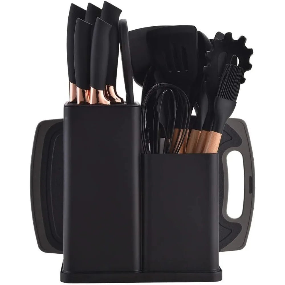 19 Piece Black Cutlery Set; Cooking Spatula Spoon Kitchenware with Storage Bucket Knife Set; Non-Stick Cookware