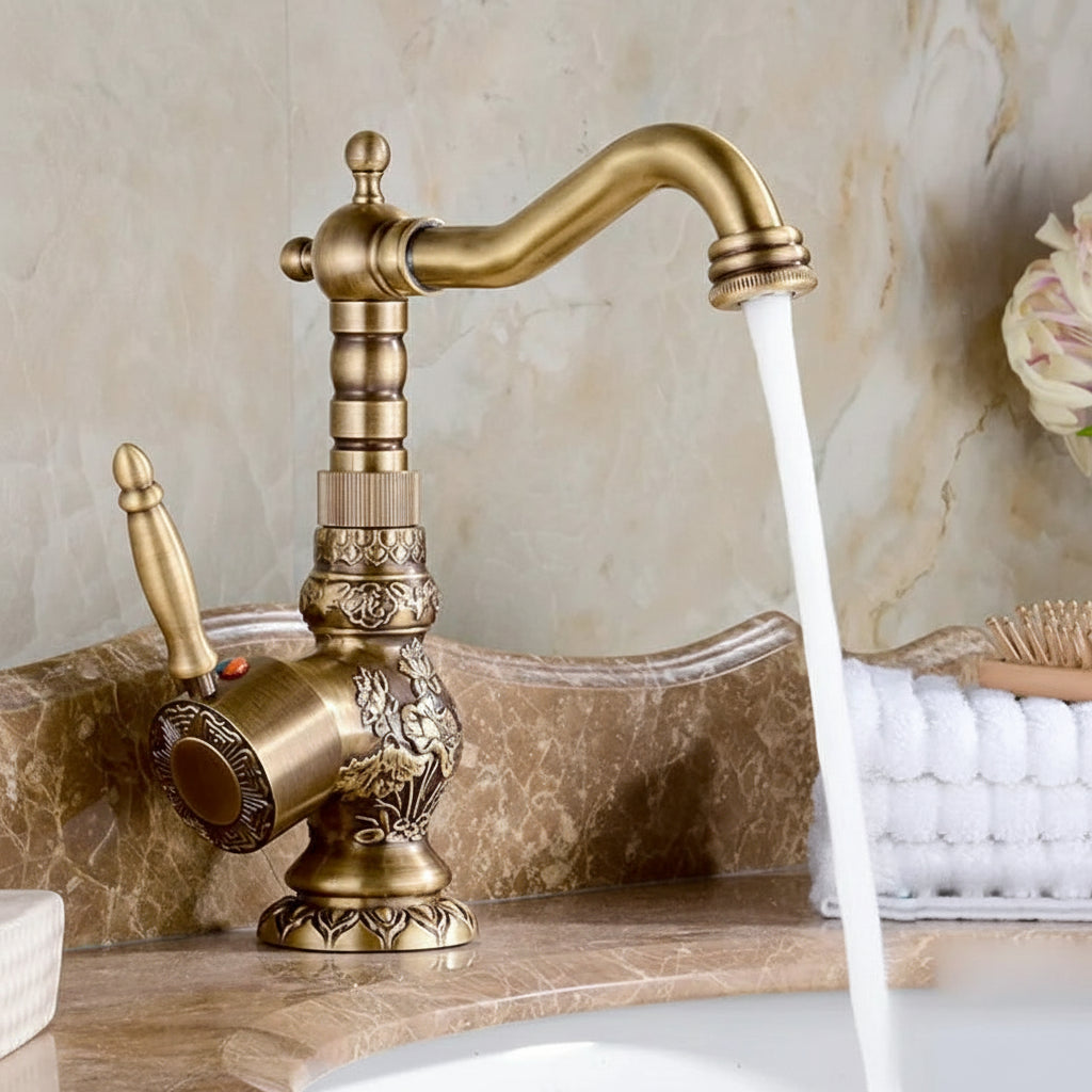 Luxury Antique Bronze Copper Carving Deck Mounted Kitchen Faucet Bathroom Basin Faucet Sink Faucet Mixer Hot and Cold Water Tap