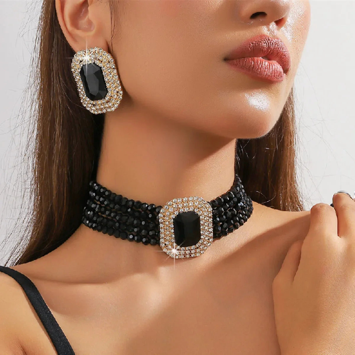 FYUAN Multilayer Champagne Red White Black Crystal Necklace Geometric Square Earrings Women Weddings Banquet Jewelry Sets