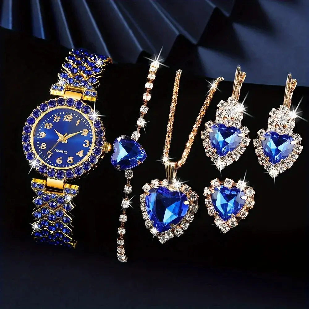 1pcs fashionable women's quartz watch set, equipped with heart-shaped jewelry -6-pcs alloy round case