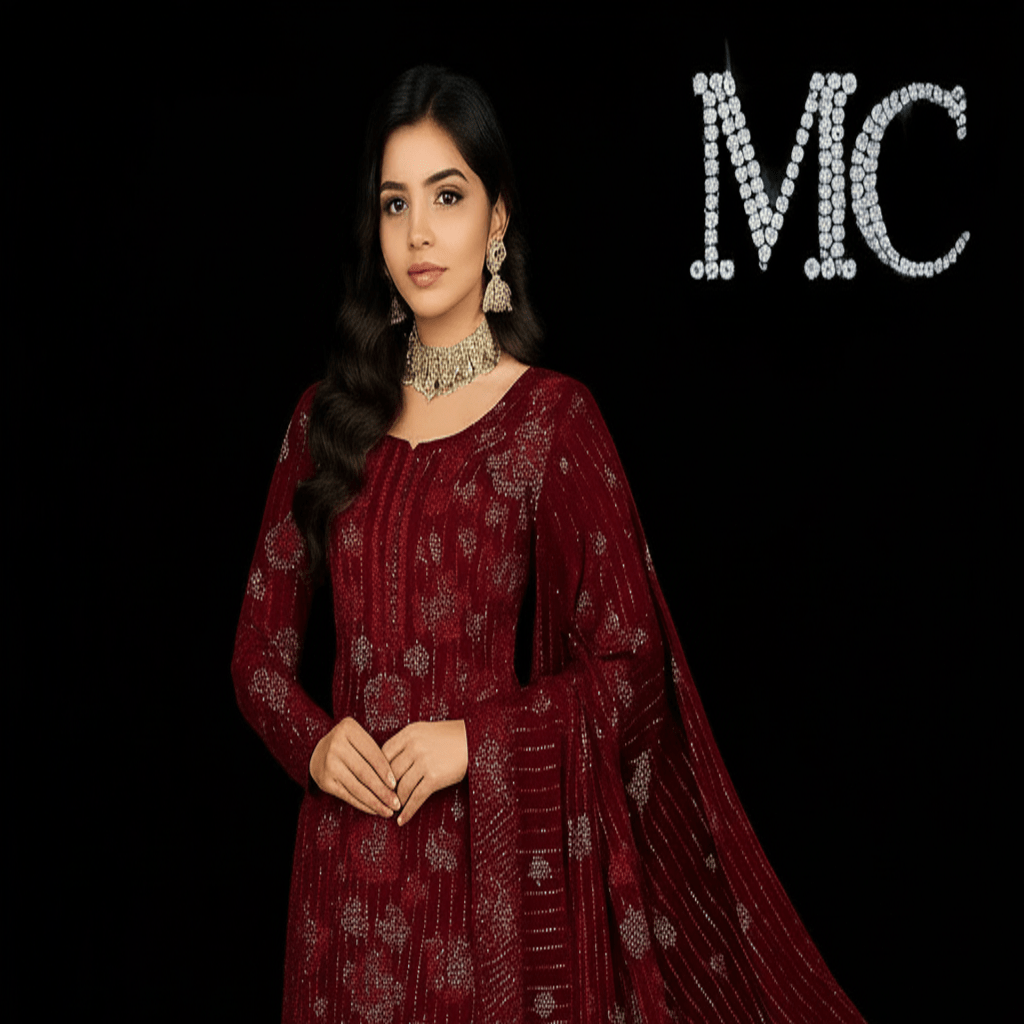 A woman in a burgundy ethnic dress with intricate patterns, adorned with elegant jewelry, posing against a black background with the letters 'MC' in sparkling stones.