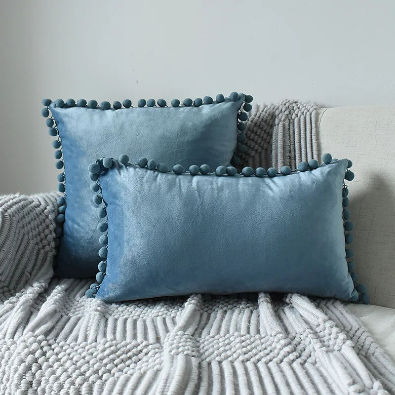 Inyahome Decorative Soft Velvet Throw Pillow Covers Solid Plain Large Sofa Cushion Case Big House Pom pom Cozy Pillowcase