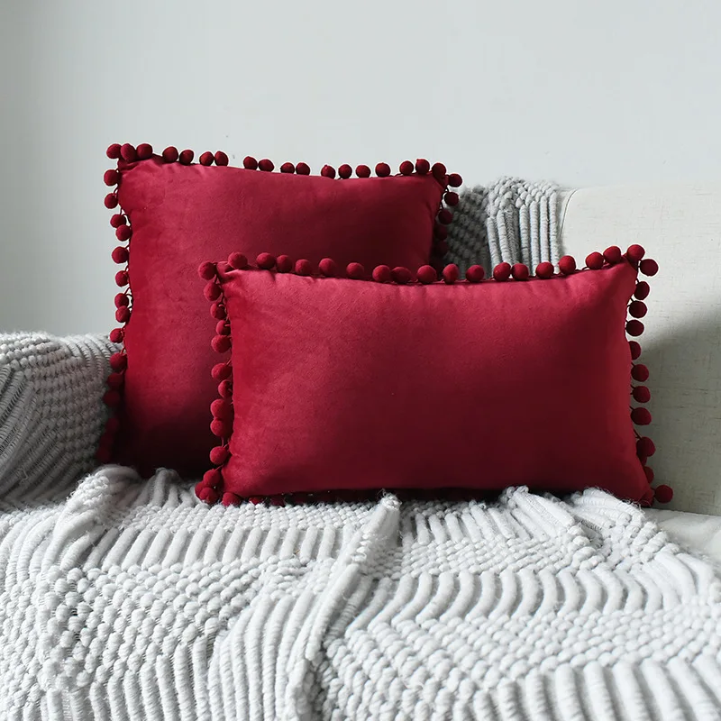 Inyahome Decorative Soft Velvet Throw Pillow Covers Solid Plain Large Sofa Cushion Case Big House Pom pom Cozy Pillowcase