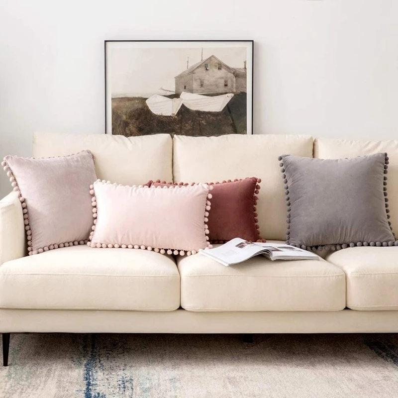 Inyahome Decorative Soft Velvet Throw Pillow Covers Solid Plain Large Sofa Cushion Case Big House Pom pom Cozy Pillowcase