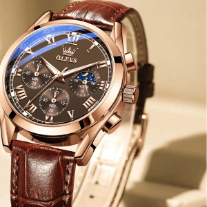 OLEVS Moon Phase men's watches Chronograph 30m waterproof luminous brand quartz watch for man date Leather strap Original watch - Image 4