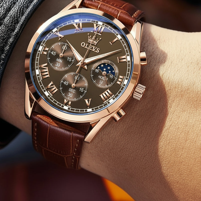 OLEVS Moon Phase men's watches Chronograph 30m waterproof luminous brand quartz watch for man date Leather strap Original watch