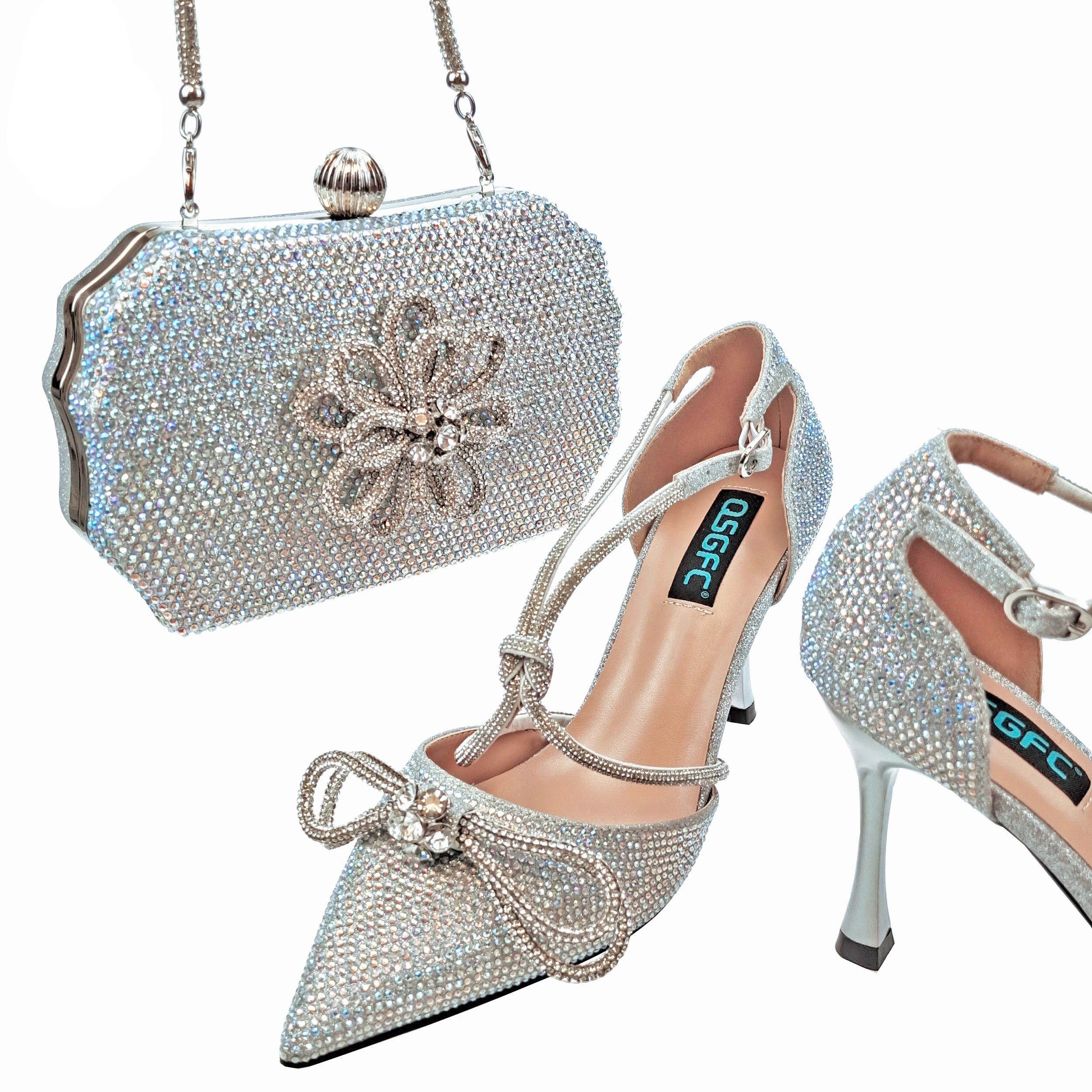 QSGFC Latest Party Women's Shoes and Bags Set Pointed Toe High Heels Full Upper Inlaid D.Purple Color Rhinestones