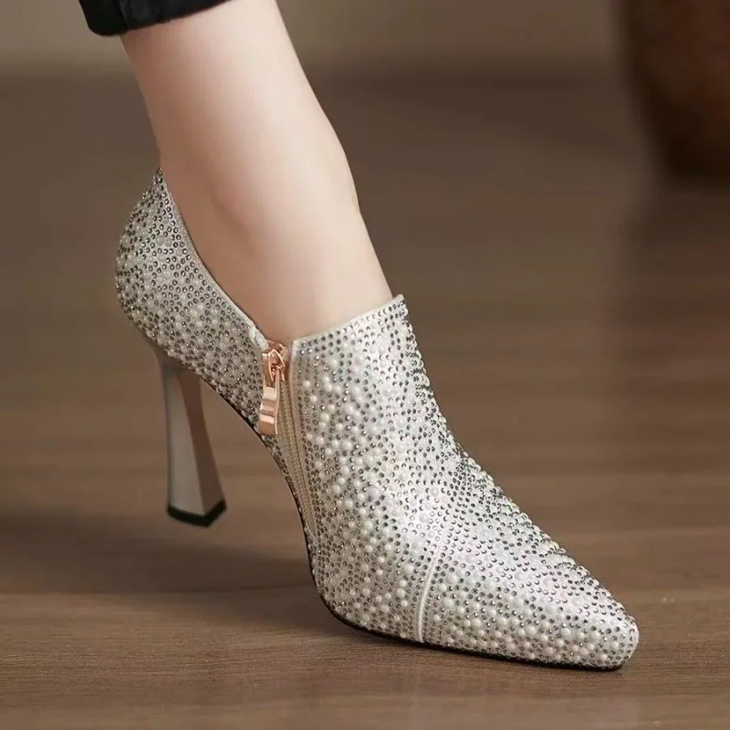 Rhinestone High Heels Shoes Sexy Pointed Toe High Heel Single Shoe Luxury Pearl Crystal Wedding Shoe Champagne Pumps Bride Shoes