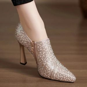Rhinestone High Heels Shoes Sexy Pointed Toe High Heel Single Shoe Luxury Pearl Crystal Wedding Shoe Champagne Pumps Bride Shoes - Image 1