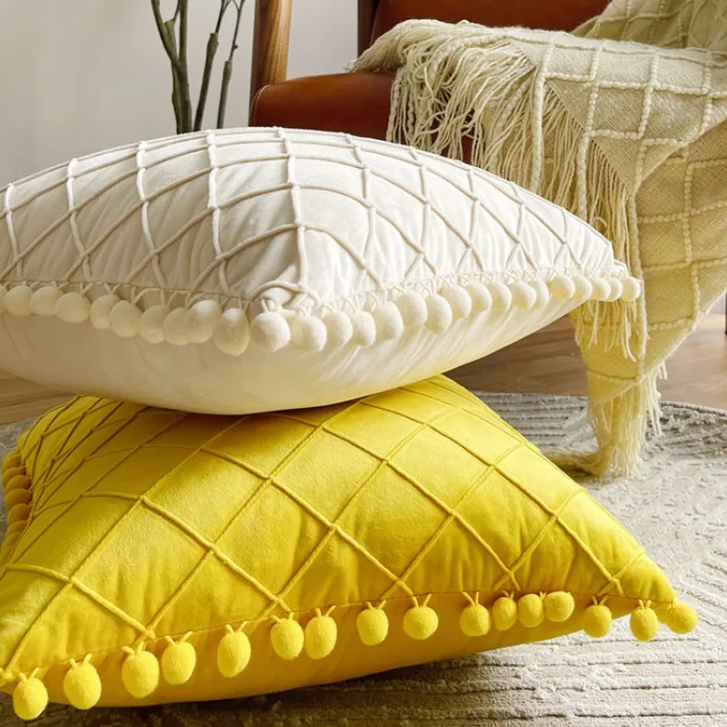 Yellow Orange Lumbar Pillow Covers Diamond Stripes with Cute Pompoms Tassel ?? Velvet Lumbar Throw Pillow Covers 30x50cm 45x45cm