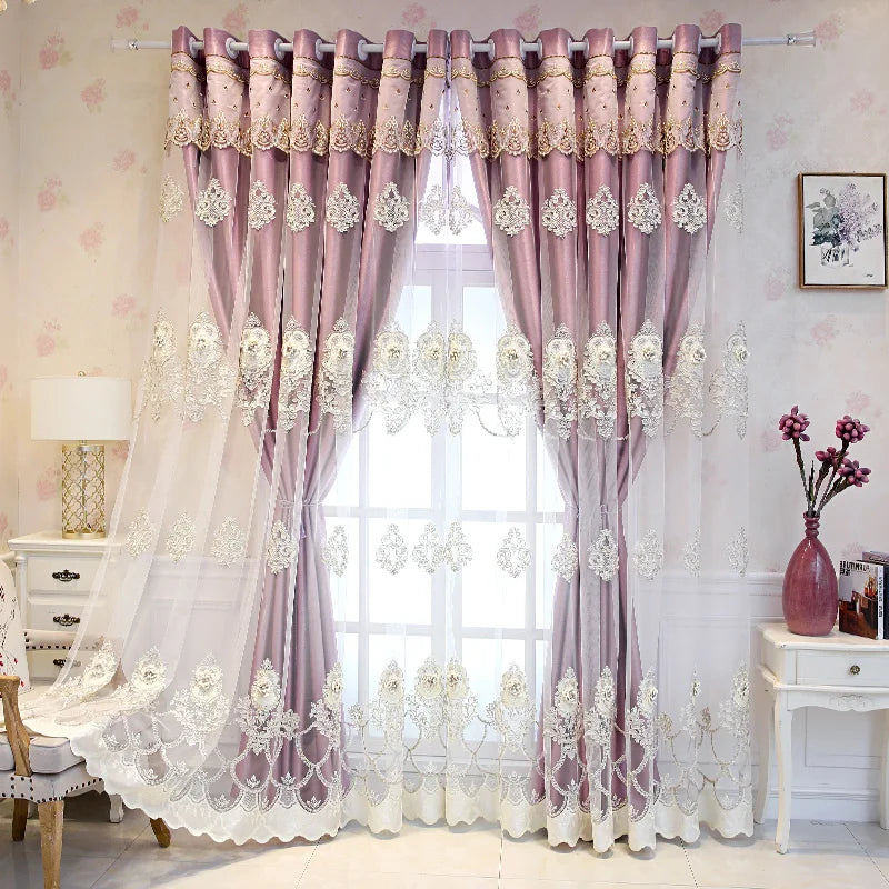 Elegant Double-Layer Curtains with Embossed Base & 3D Embroidered Detailing Decorative Blackout Drapes for Bedroom/Living Room
