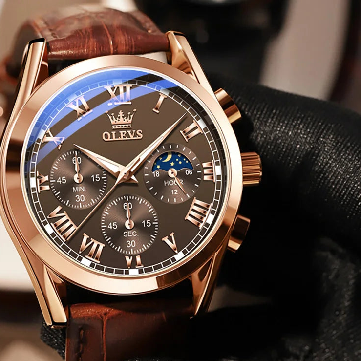 OLEVS Moon Phase men's watches Chronograph 30m waterproof luminous brand quartz watch for man date Leather strap Original watch