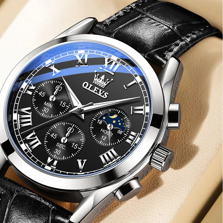 OLEVS Moon Phase men's watches Chronograph 30m waterproof luminous brand quartz watch for man date Leather strap Original watch