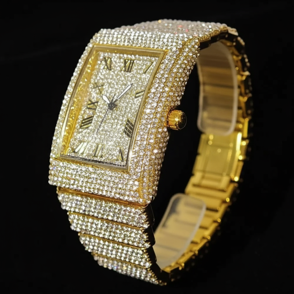 Luxury Gold Ice Watch Men Brand UNIGUET Fashion Hip Hop Full Diamond Bling Rectangle Quartz Wristwatch Male Dropshipping