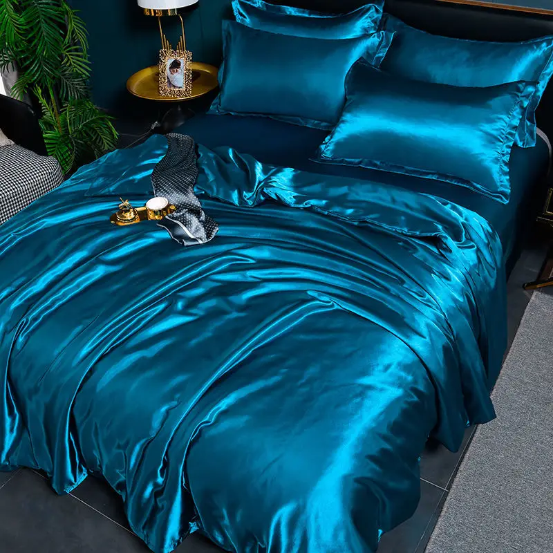 Nordic Satin Silk Bedding Set with Duvet Cover Bed Sheet Pillowcases Luxury Solid Single Double Couple Pillow Case Bedsheet