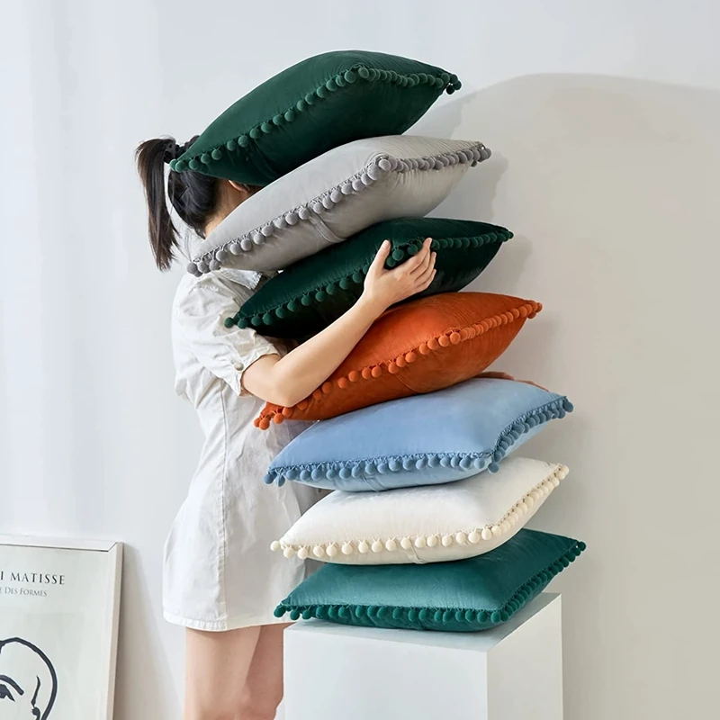 Inyahome Decorative Soft Velvet Throw Pillow Covers Solid Plain Large Sofa Cushion Case Big House Pom pom Cozy Pillowcase