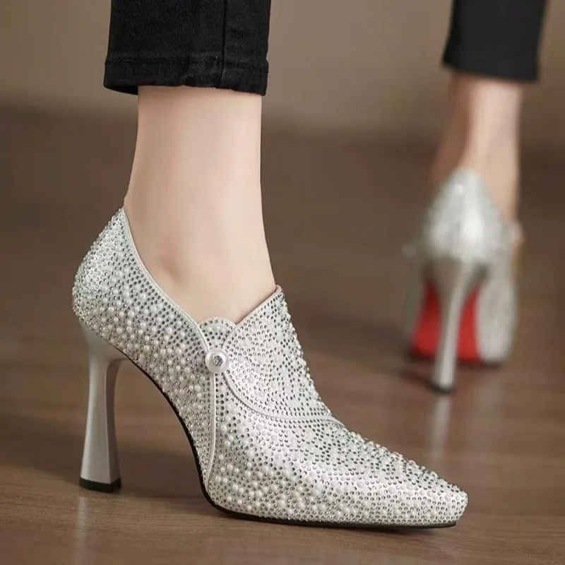 Rhinestone High Heels Shoes Sexy Pointed Toe High Heel Single Shoe Luxury Pearl Crystal Wedding Shoe Champagne Pumps Bride Shoes