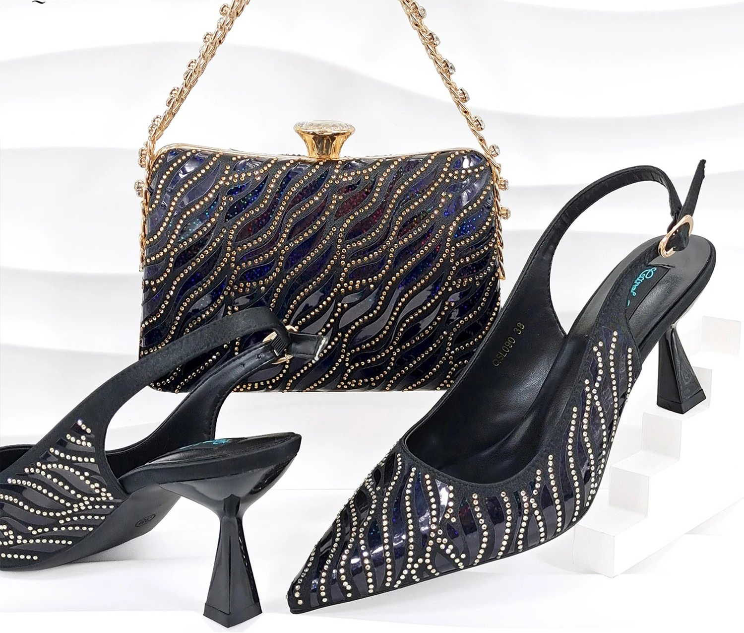 MC Nigerian Style Women Heels Party Shoes and Bags Fashion Stiletto Pointed Toe Shoes and Shiny Clutches Elevate