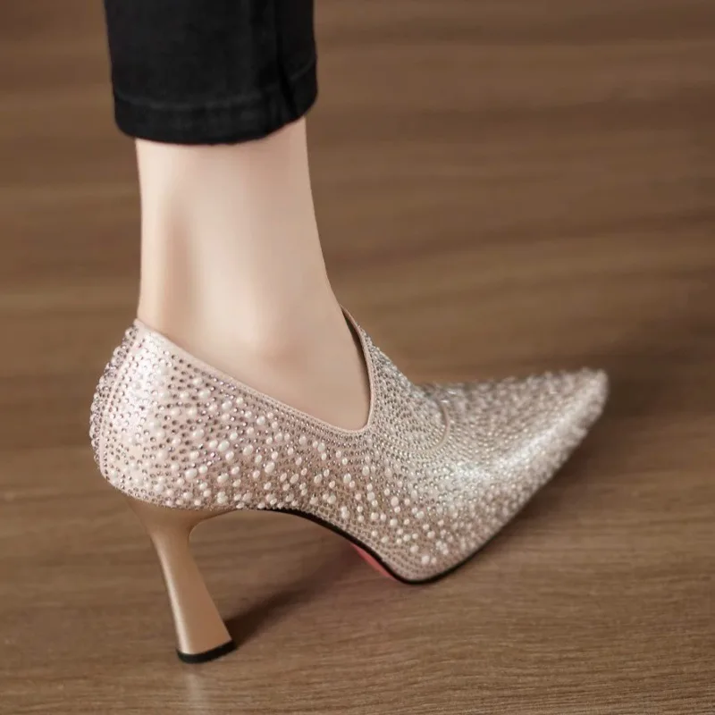 Rhinestone High Heels Shoes Sexy Pointed Toe High Heel Single Shoe Luxury Pearl Crystal Wedding Shoe Champagne Pumps Bride Shoes