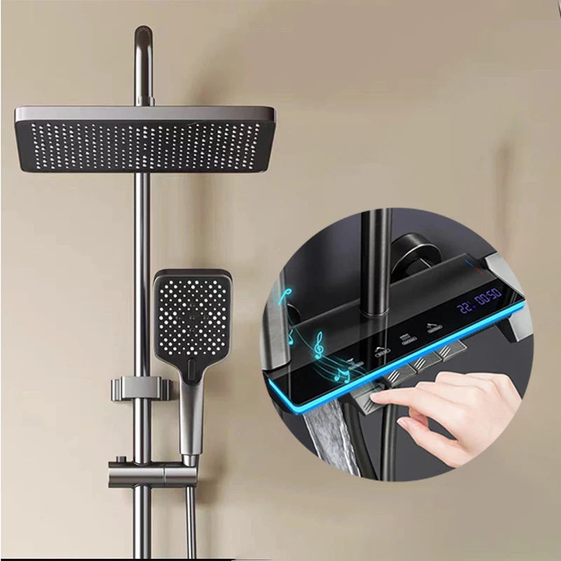 Grey shower Set Four-Function Smart Digital Display  Shower System Rainfall Pressurized Wall-mounted Piano Key Shower Faucet Set