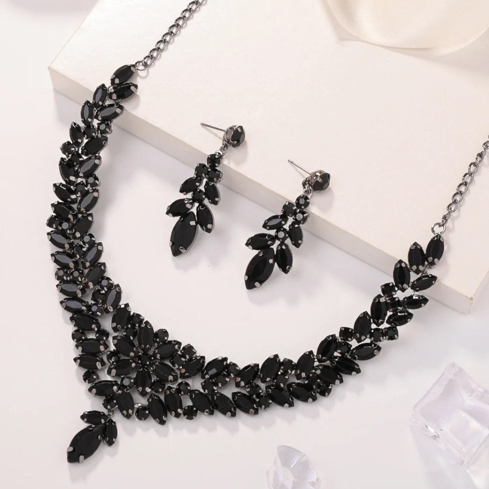 Graceful Black Leaves Jewelry Set Crystal Bridal Gift for Wedding Boho Design Rhinestone Necklace Earrings Set Piercing Handmade