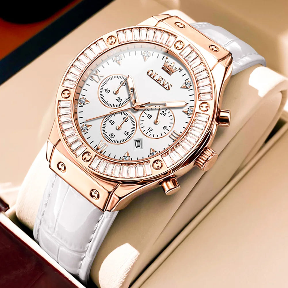 OLEVS Elegant Fashion Women's Watches Leather Strap Top Brand Original Quartz Wristwatch Diamond Bezel Waterproof Chronograph