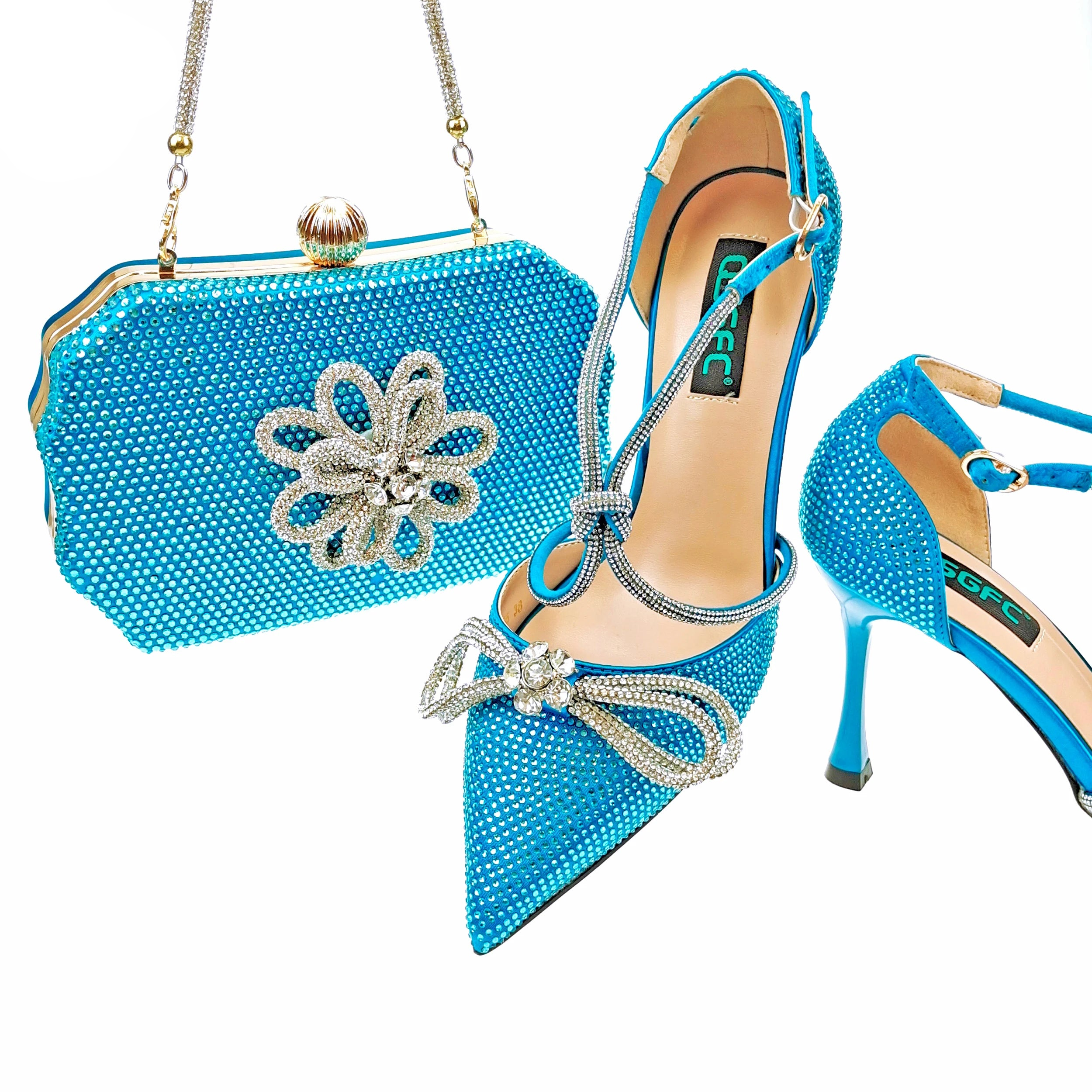 QSGFC Latest Party Women's Shoes and Bags Set Pointed Toe High Heels Full Upper Inlaid D.Purple Color Rhinestones