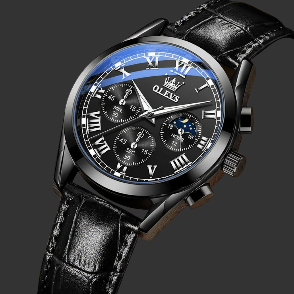 OLEVS Moon Phase men's watches Chronograph 30m waterproof luminous brand quartz watch for man date Leather strap Original watch
