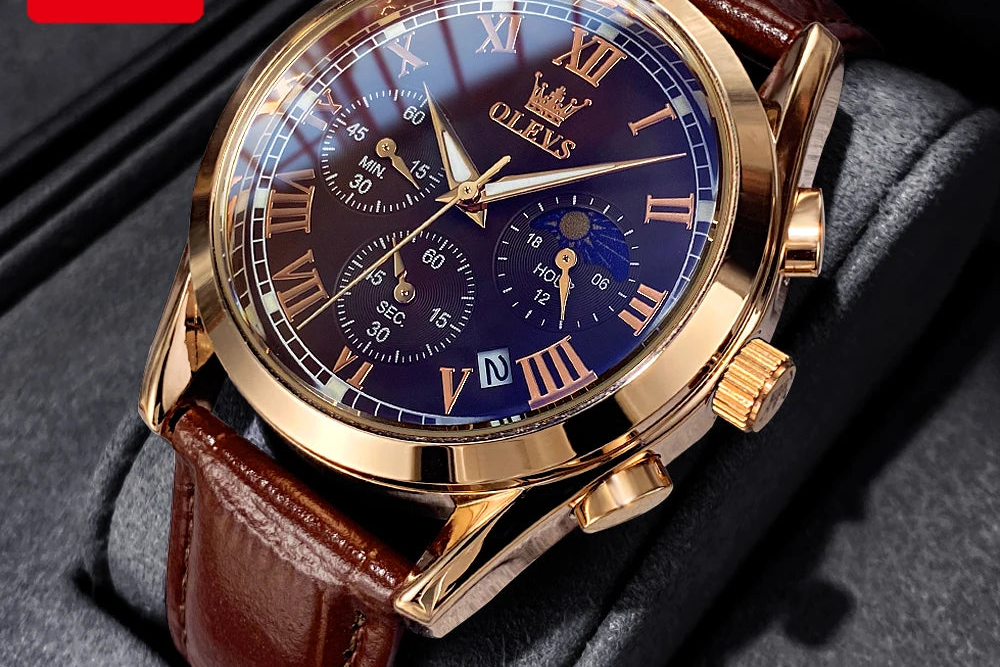 OLEVS Moon Phase men's watches Chronograph 30m waterproof luminous brand quartz watch for man date Leather strap Original watch