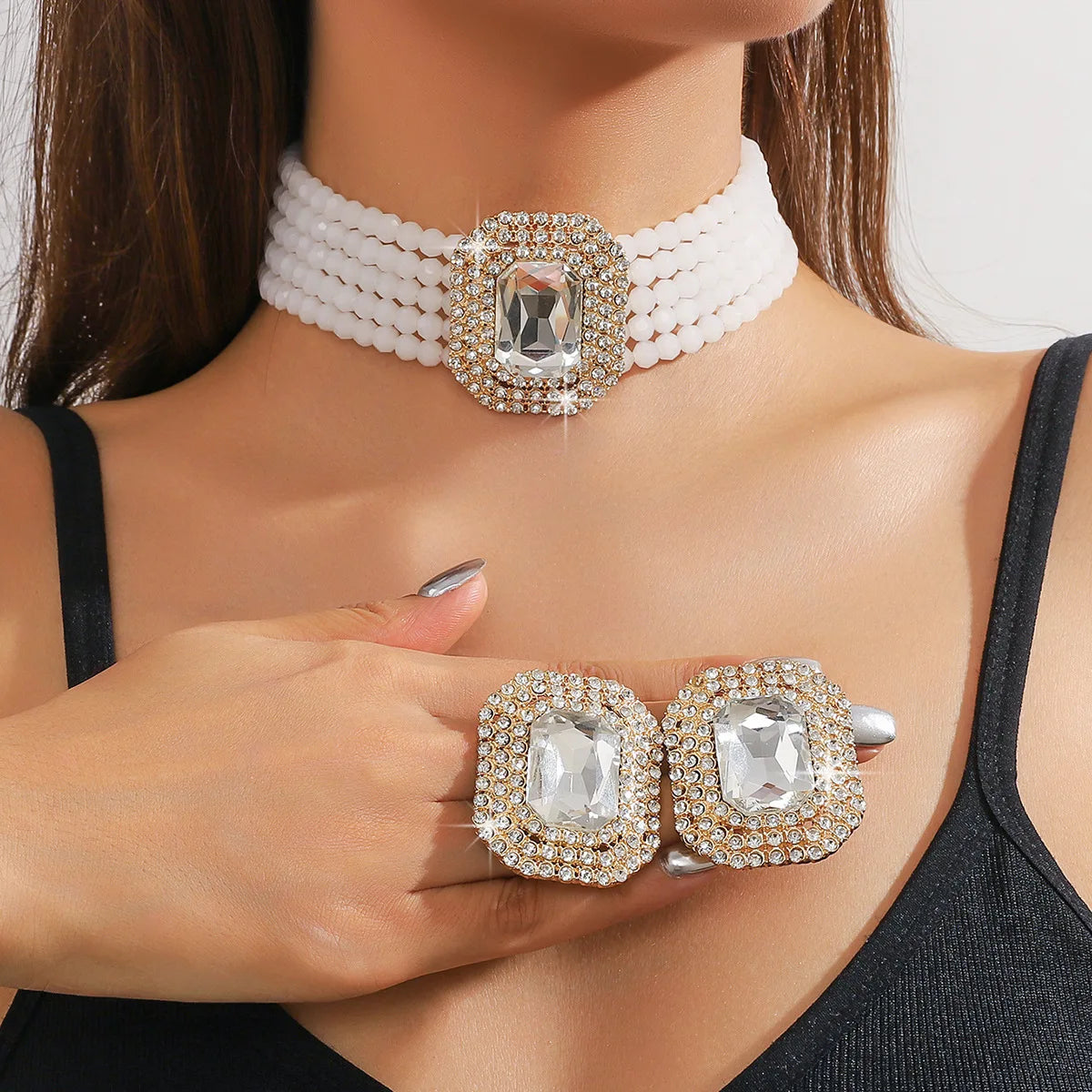 FYUAN Multilayer Green Red Blue Black Crystal Necklace Geometric Square Pearl Earrings For Women Weddings Banquet Jewelry Sets