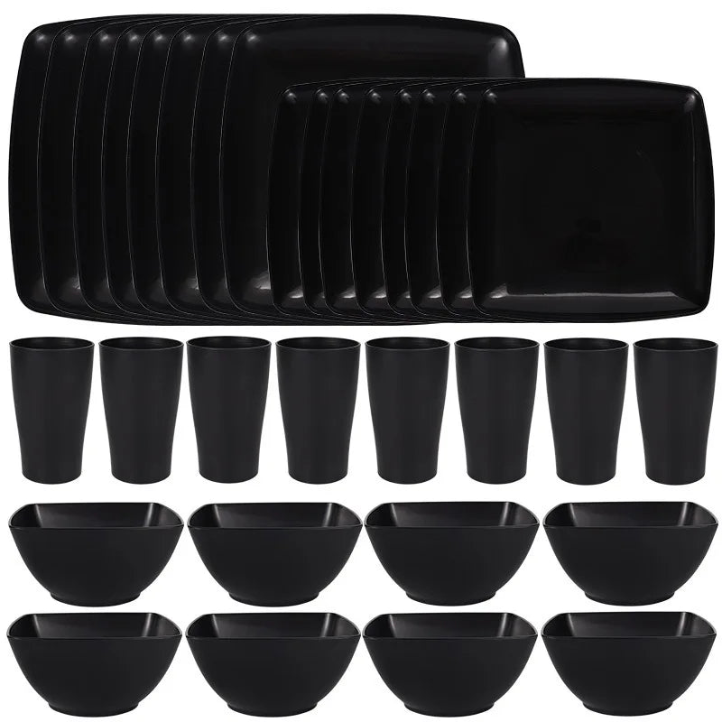 16/32Pcs Plastic Square Dinnerware Set Dishwasher