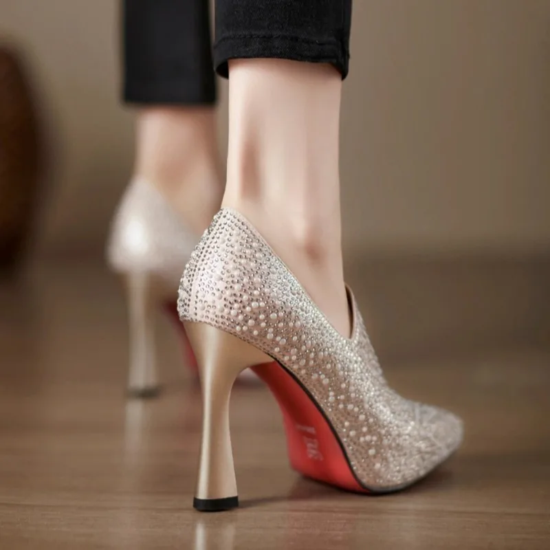 Rhinestone High Heels Shoes Sexy Pointed Toe High Heel Single Shoe Luxury Pearl Crystal Wedding Shoe Champagne Pumps Bride Shoes