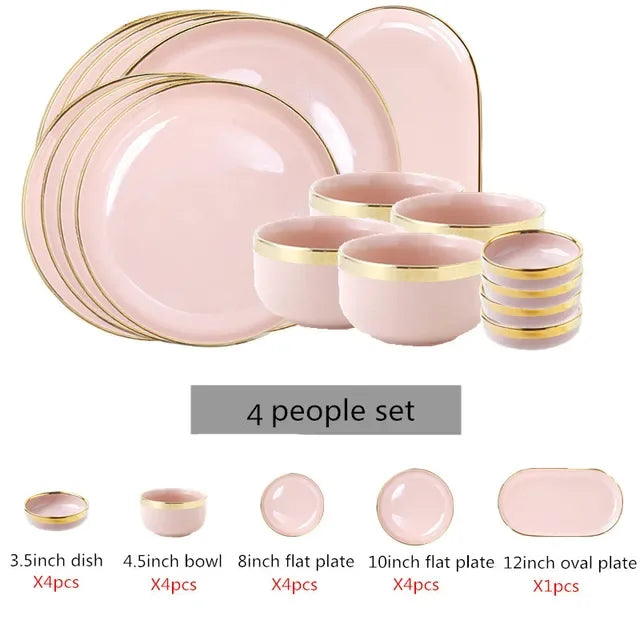 Bright White And Pink With Gold Porcelain Plates Set