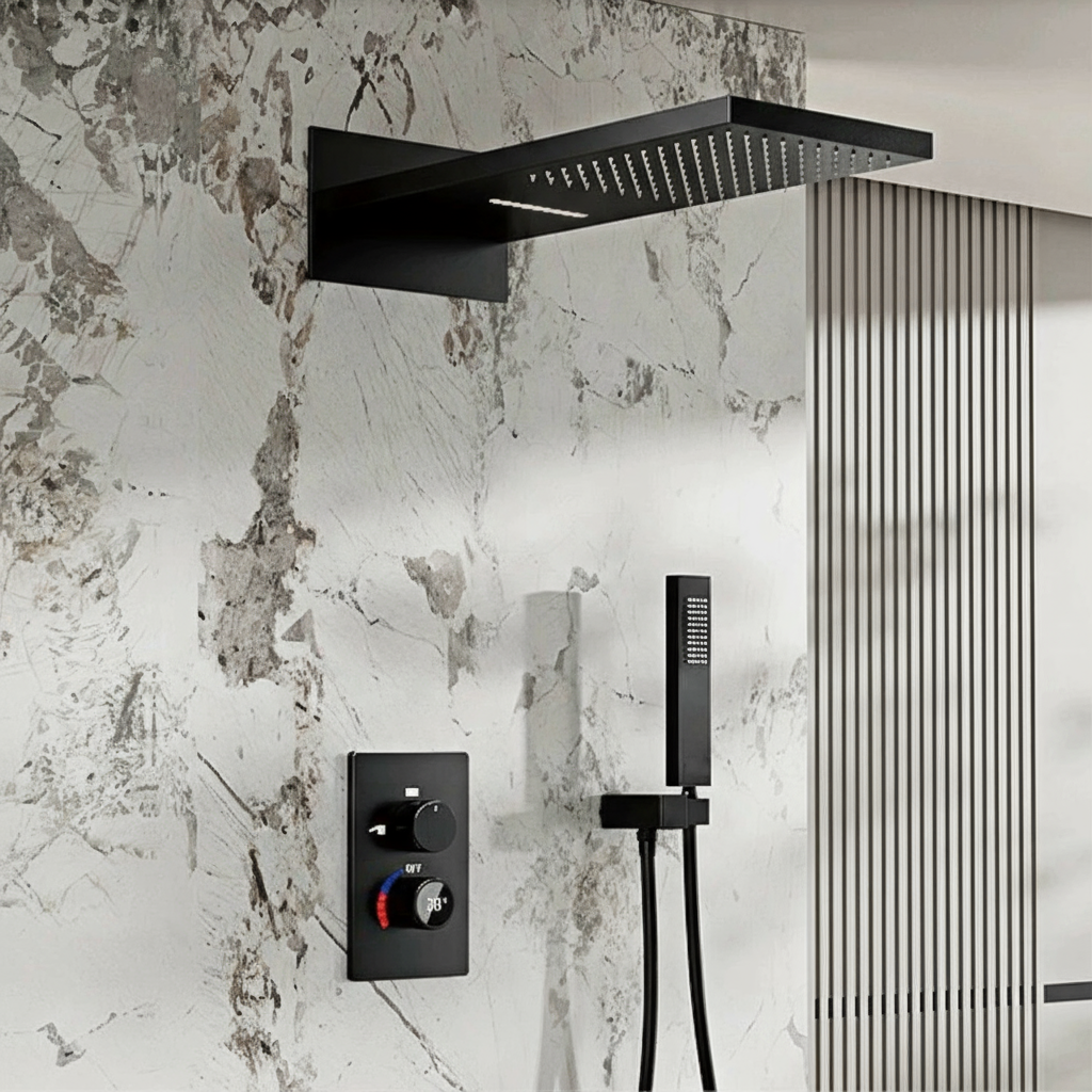 Luxury black shower system with wall mounted design LED digital display for dual control of hot & cold Simple bathroom Tap