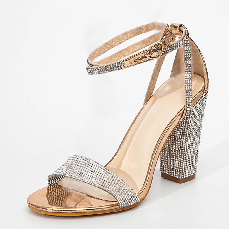 Liyke Fashion Glitter Rhinestones Square High Heels Sandals Summer Open Toe Crystal Ankle Strap Women Party Prom Shoes Sandalias