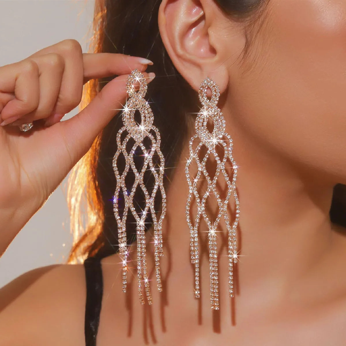 FYUAN Long Tassel Rhinestone Drop Earrings for Women Hollow Geometric Crystal Dangle Earring Party Wedding Jewelry